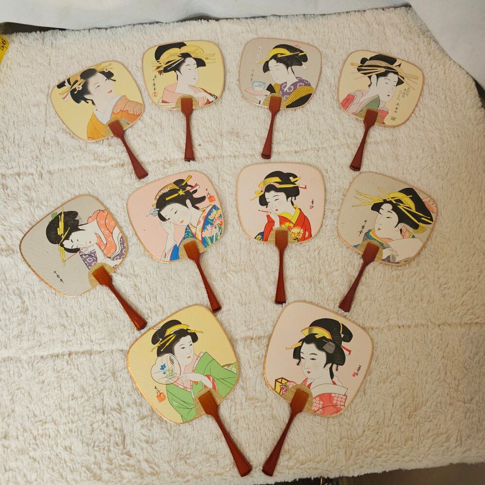 Japanese Uchiwa Hand Fan Bundle 10 Fans. Vintage. Geisha Images. LacqueredBamboo